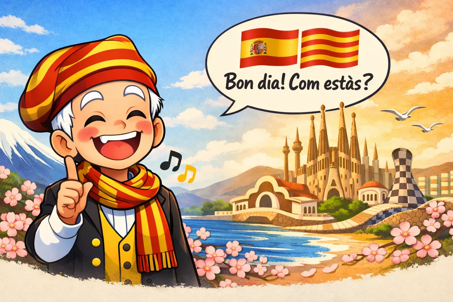 バルセロナの街並みとサグラダファミリアを背景に、カタルーニャ色のスカーフをまとったキャラクターが「Bon dia! Com estàs?」と話しかけるイラスト